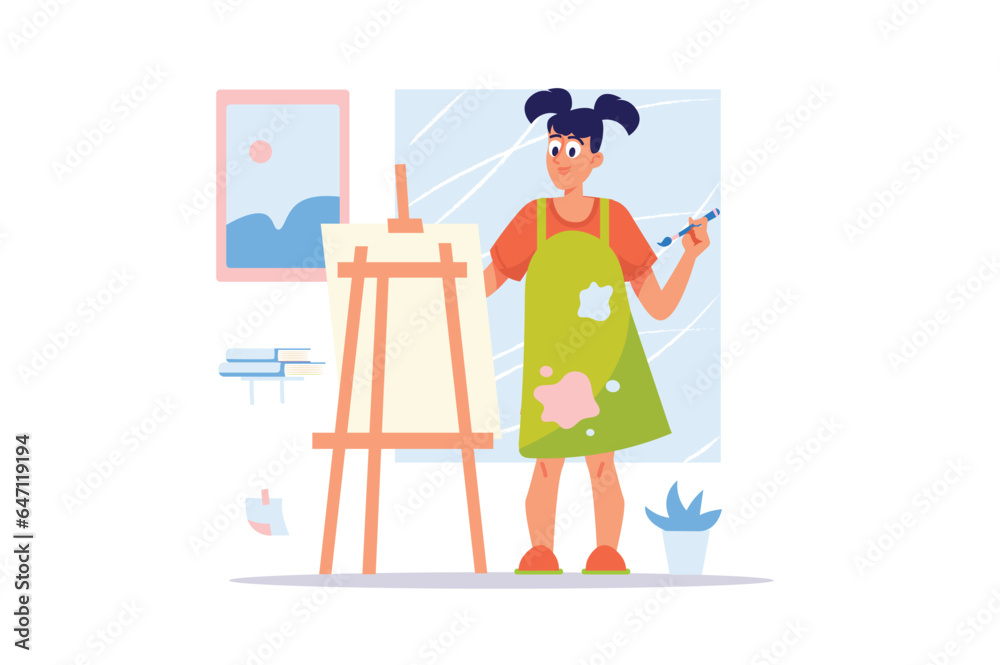 Fototapeta premium Concept designer with people scene in the flat cartoon style. A young designer draws a sketch of a design project that she later implements. Vector illustration.