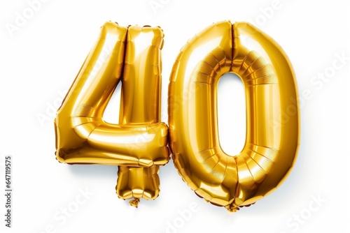 Number 40 forty made of golden inflatable balloons isolated on white. Helium balloons, gold foil numbers. Party decoration, anniversary sign for holidays, celebration, birthday, Generative AI
