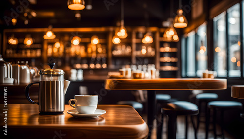 Coffee on cafe table and interior with glowing bokeh background