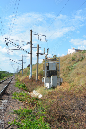 Railway booster transformer. High voltage transformer substation near the railways to supply power to electric trains