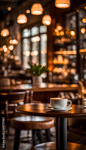 Coffee on cafe table and interior with glowing bokeh background