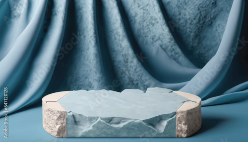 Broken stone podium decorated on light blue fabric texture luxurious background. Blank stage, platform or pedestal for display product vector illustration.