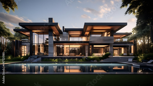 Explore the architectural marvel of a modern home with striking angles and large glass windows. This detailed photography captures the harmony of form and function, blending cutting-edge design.