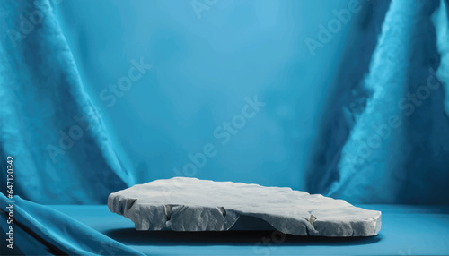 Broken stone podium decorated on light blue fabric texture luxurious background. Blank stage, platform or pedestal for display product vector illustration.