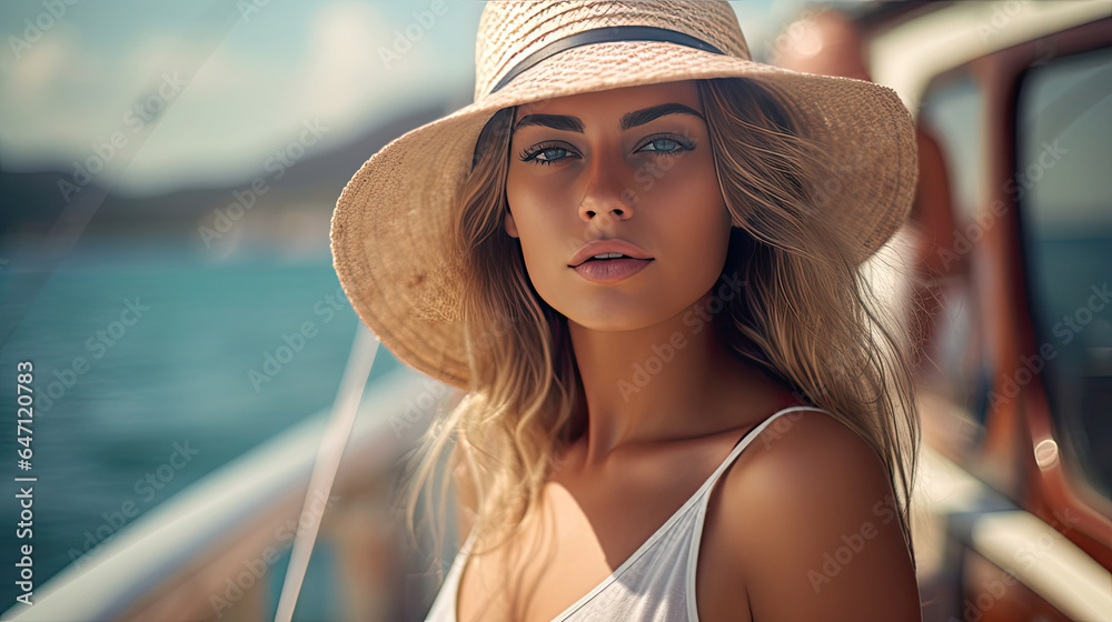 a Beautiful young woman vacationing on the sea , summer vacation. Generative Ai