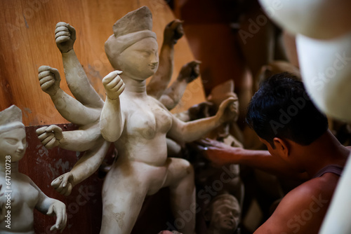 Making of goddess Durga idol. These idols are made for Durga puja, the biggest festival of Kolkata, West Bengal