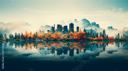 Autumn forest and modern cityscape with a beautiful reflection on a water