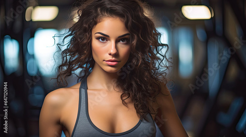 a Beautiful young woman wearing fitness fashion in a gym. Generative Ai © tong2530