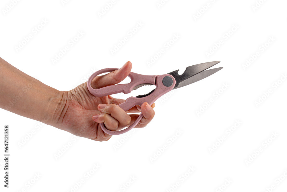 Office stationery scissors cutting in hand on transparent background