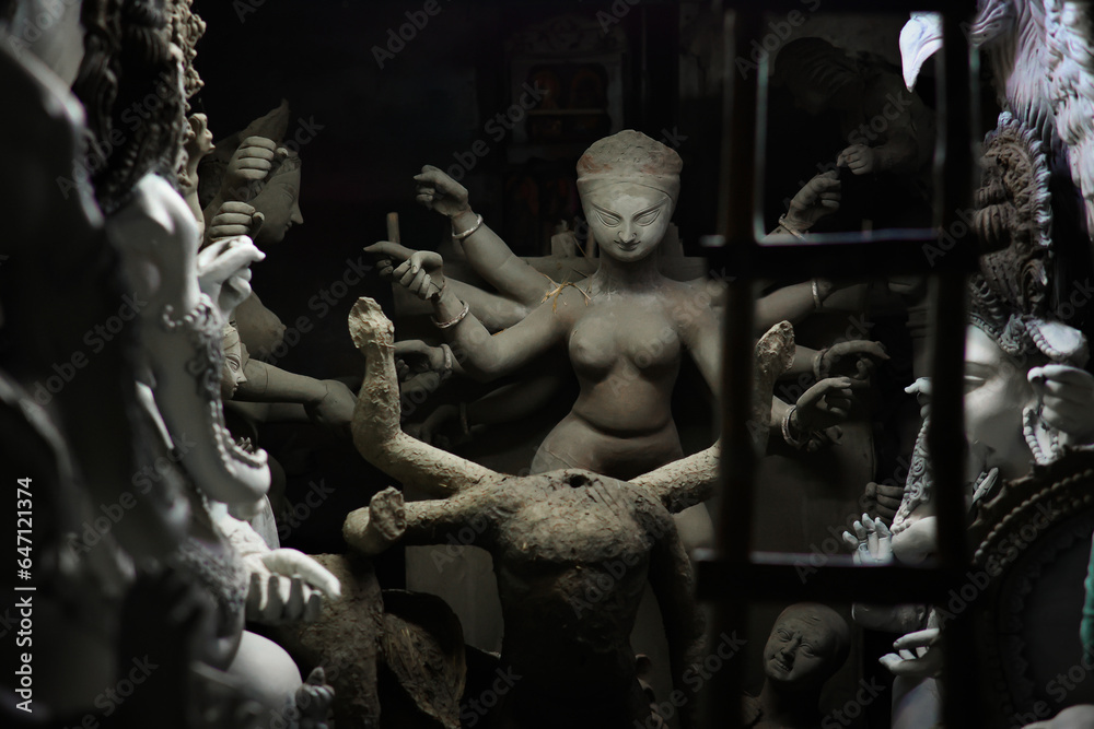 Making of goddess Durga idol. These idols are made for Durga puja, the biggest festival of Kolkata, West Bengal