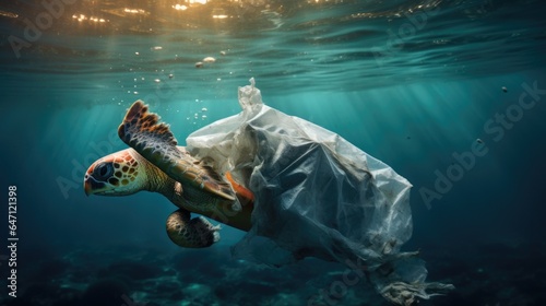 Turtles ingesting plastic bags, mistakenly thinking they are jellyfish. Plastic pollution in the ocean is a pressing environmental issue