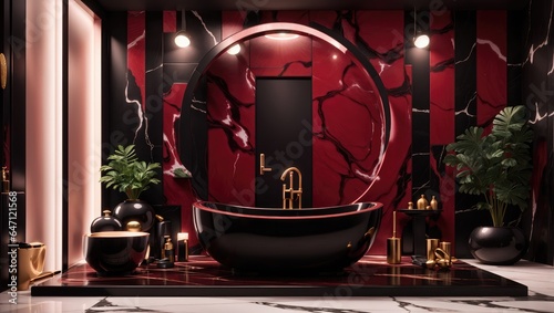 "Luxe Noir Elegance: Marble Burgundy Vessel Sink in Modern Bathroom"