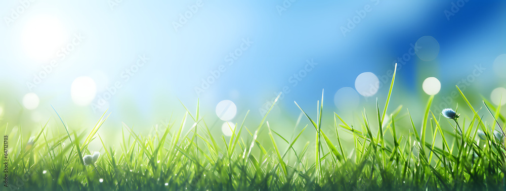 Fototapeta premium Lush green grass as far as the eye can see, bathed in the glow of a brilliant sun. The azure skies above are adorned with wispy clouds, and the sun's rays perfect day in the great outdoors.