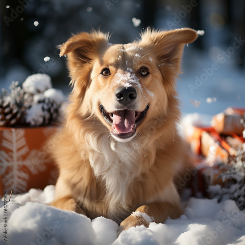 Happy dog with presents in the snow outside on New Year's Eve, Generative AI
