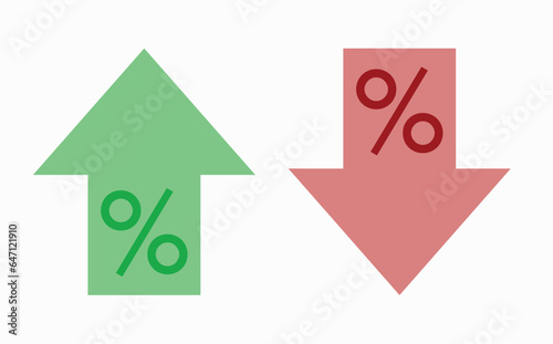 Percentage increase and decrease icons. Percent up and down arrow in flat style. Red and green arrows.