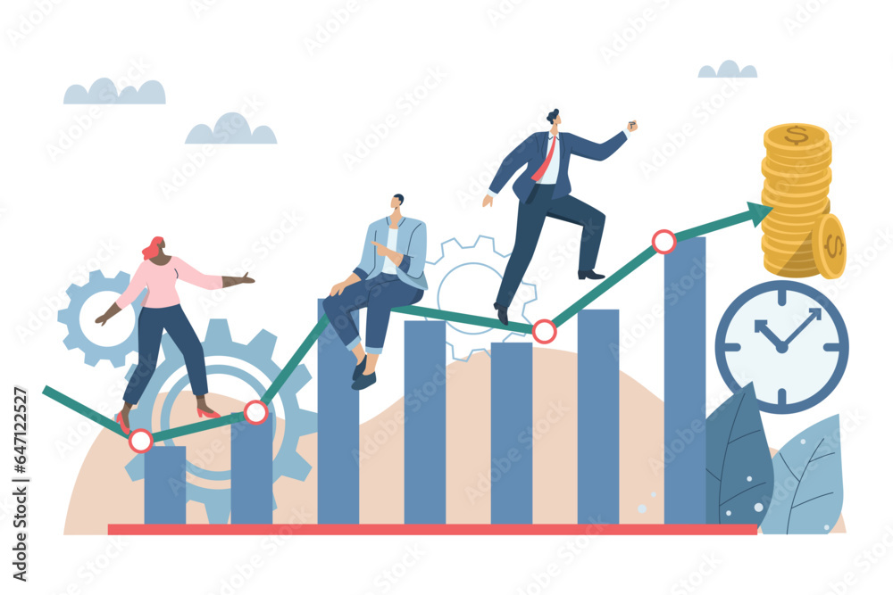 Effective teamwork, career growth, profit, or improvement approaches, career development concept, symbol of teamwork, Businessmen work together to push the arrow graph up. Vector design illustration. Effective teamwork, career growth, profit, or improvement approaches, career development concept, symbol of teamwork, Businessmen work together to push the arrow graph up. Vector design illustration.
