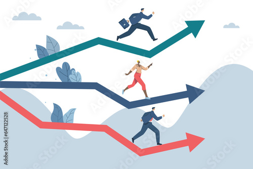 Business competition concept, Competition among employees or competitors to win or increase efficiency. Businessman and women running on arrow graph. Vector design illustration.