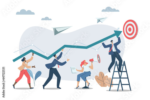 Effective teamwork, career growth, profit, or improvement approaches, career development concept, symbol of teamwork, Businessmen work together to push the arrow graph up. Vector design illustration.