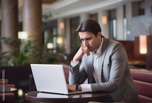 Thinking business man sitting at desk using laptop computer at hotel lobby © FutureStock
