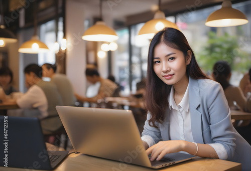 Japanese business woman sitting at desk using laptop computer at hotel lobby