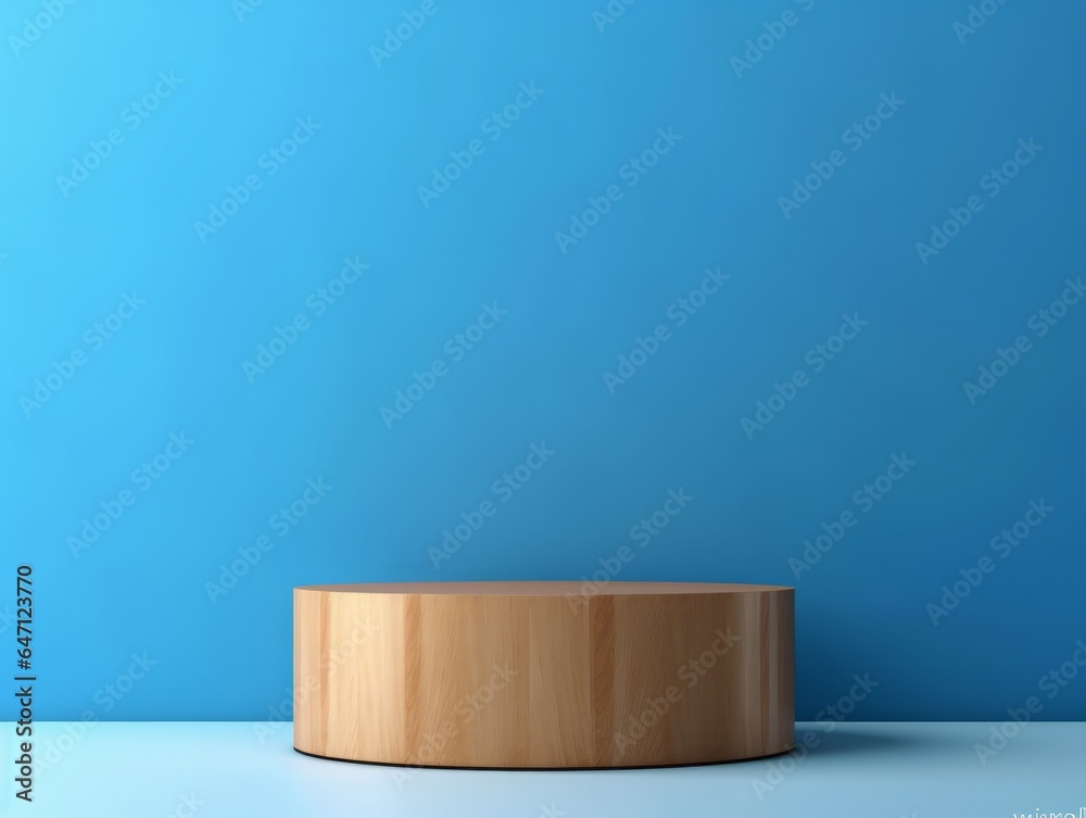 Backdrop Podium Cylinder Wood Stand on blue background Backdrop Podium Cylinder Wood Stand on blue background