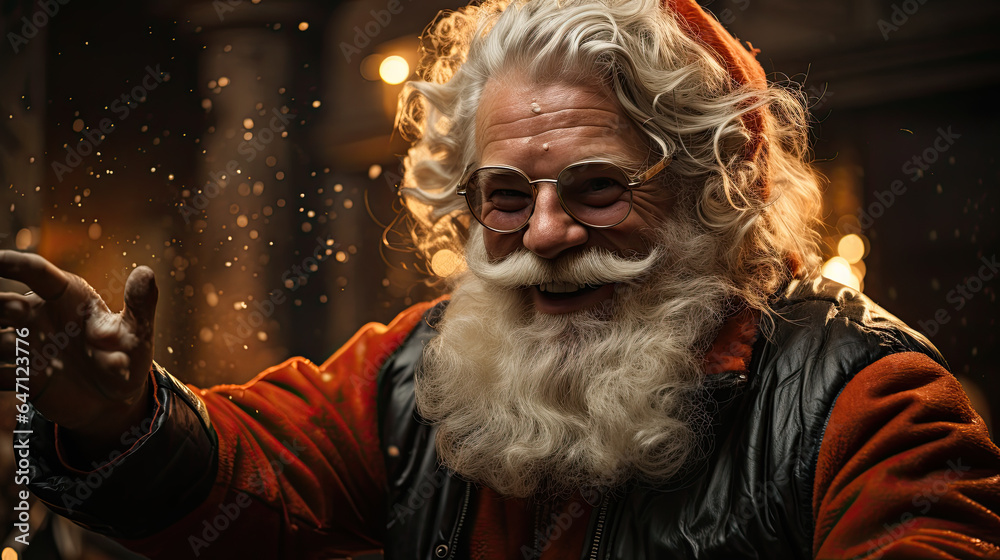 Obraz premium Dancing friendly santa claus . Happy party. Disco lights