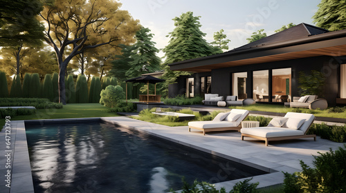 Experience the seamless integration of indoor and outdoor spaces in this modern home. The photograph captures a serene backyard with a stylish patio, lush landscaping, and an inviting pool. © CanvasPixelDreams
