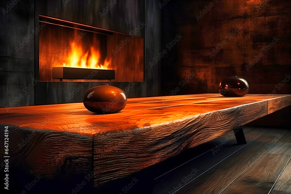 Wooden Table Placed in Front of a Roaring Fireplace, A Cozy Hearthside Setting