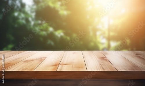 empty wooden table with  green nature background