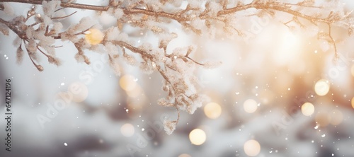 Christmas background with snowy tree branch closeup, Snow falling, season greeting card template, banner © Rawf8