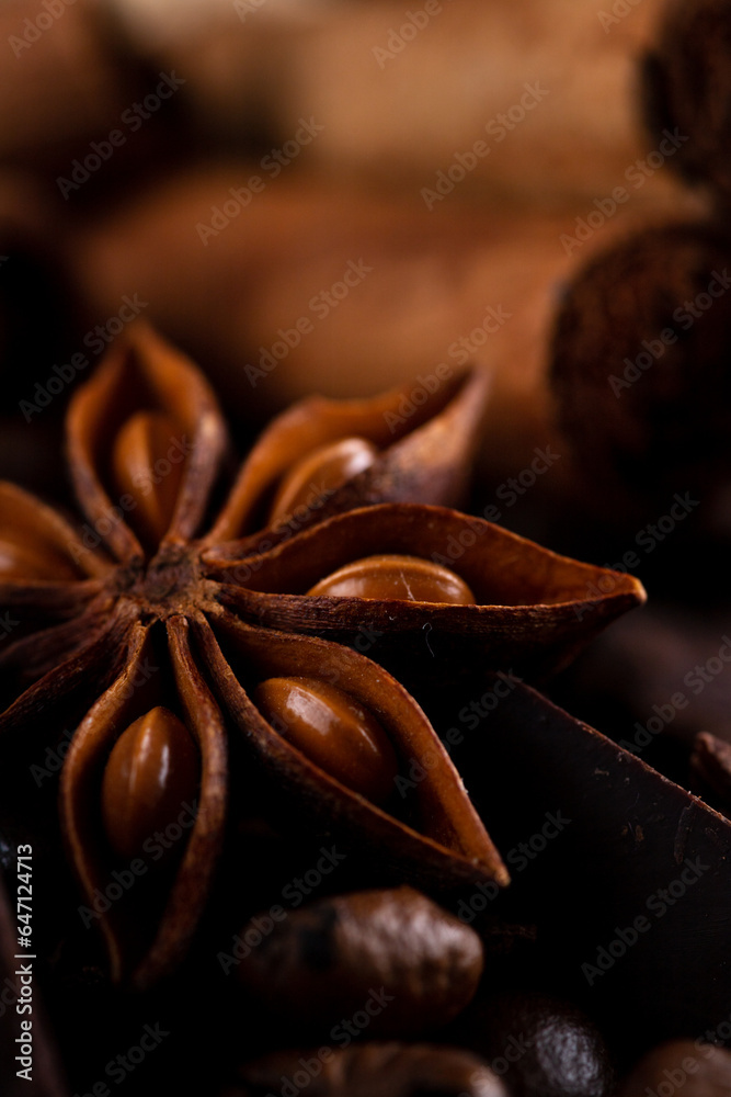 Pieces of chocolate and spices on the table Pieces of chocolate and spices on the table