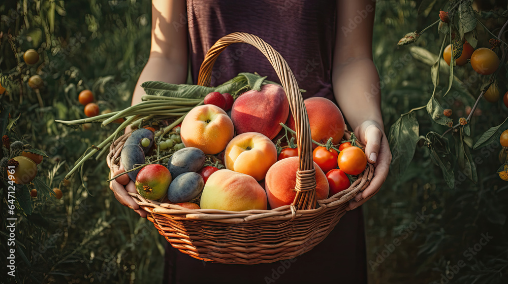 Woman with wicker basket of fresh fruits & vegetables