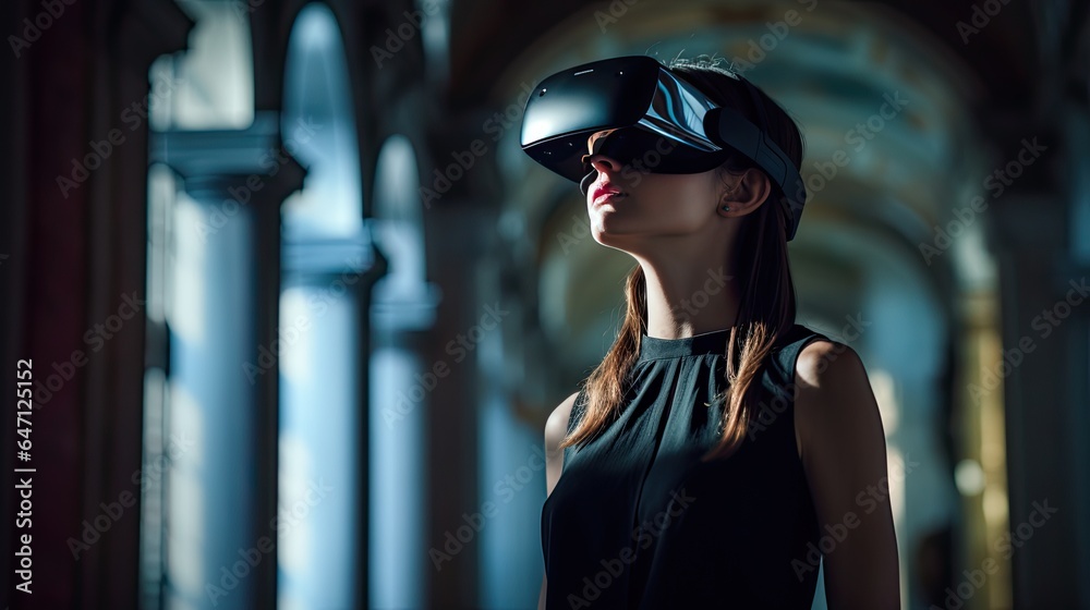 Model exploring a virtual museum through a VR headset, emphasizing her curiosity Model exploring a virtual museum through a VR headset, emphasizing her curiosity