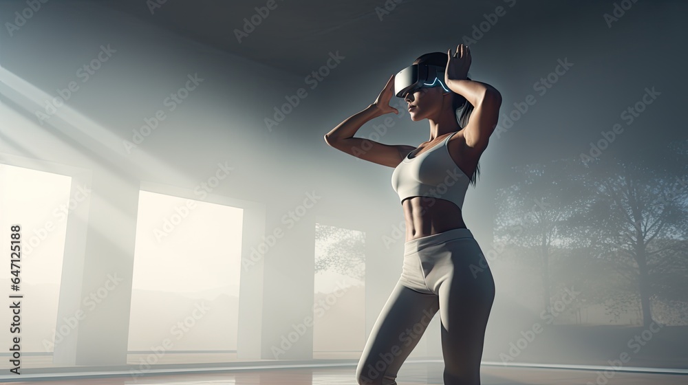 Fototapeta premium Model in a VR fitness scenario, practicing virtual yoga in a serene digital environment