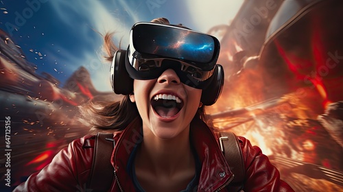 Model experiencing a VR roller coaster ride, capturing her thrill and emotion