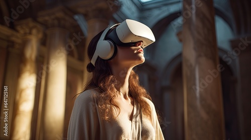 Model exploring a virtual museum through a VR headset, emphasizing her curiosity