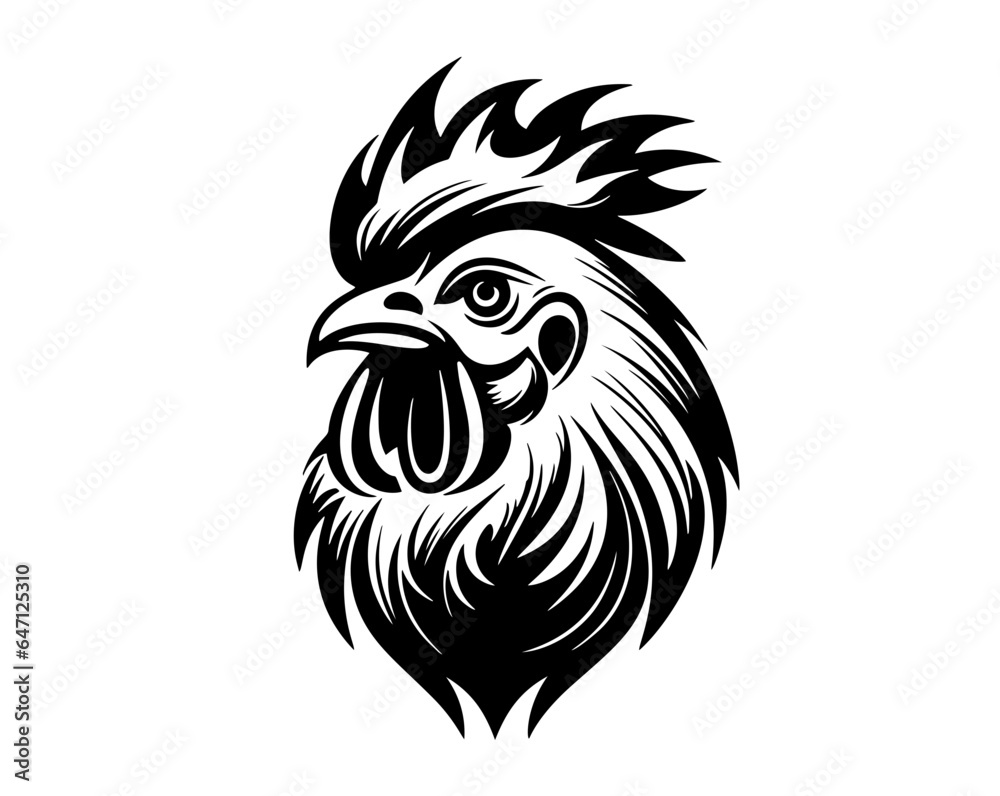 Cock, cockerel, rooster, a feathered and domestic animal, poultry, also as gallic cock french mascot and symbol, vector, illustration in black and white color, isolated on white background

