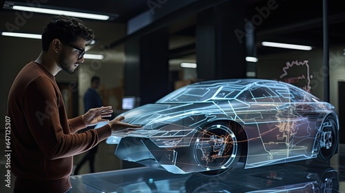 Model wearing sleek AR glasses, interacting with a holographic 3D model of a car
