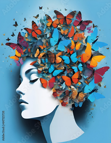 Esprit humain avec des papillons colorés qui s'envolent, pensée positive, esprit créatif, concept de bien-être et de développement personnel - IA générative © CURIOS
