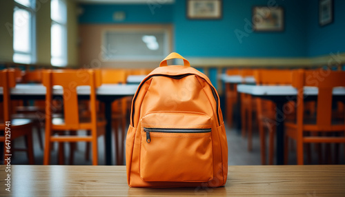 a light orange school backpack placed on a desk in a classroom, Ai Generate 