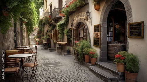 Cozy cafe terrace in a Mediterranean cute town  © Hdi
