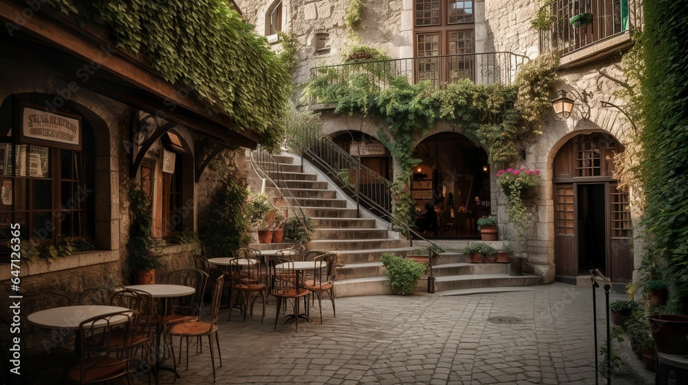 Old fashioned small town charm with cobblestones and patio