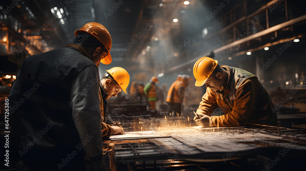 The safety-conscious industrial workers, easily recognizable in their vests and hard hats, maintained a safe and efficient work environment The safety-conscious industrial workers, easily recognizable in their vests and hard hats, maintained a safe and efficient work environment
