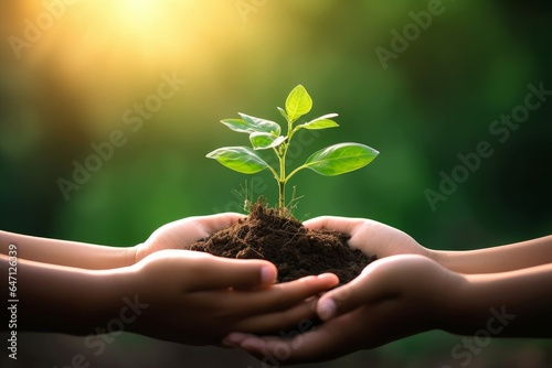 hand children holding young plant with sunlight on green nature background. concept eco earth day, Generative AI
