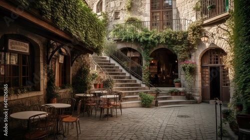 Old fashioned small town charm with cobblestones and patio © Hdi