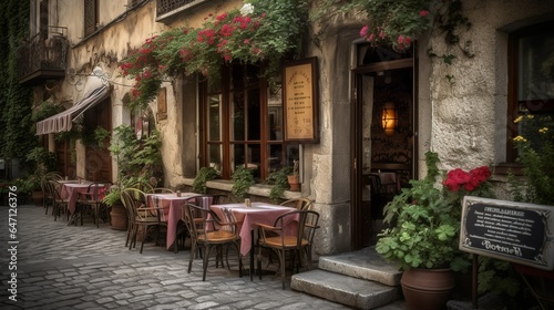 Old fashioned small town charm with cobblestones and patio © Hdi