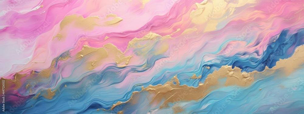 Abstract acrylic oil paint ink painted waves painting texture colorful background banner illustration - Blue pink gold color swirls waves