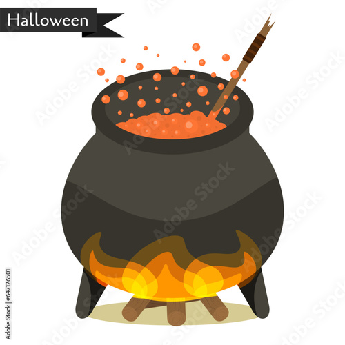 Witch's cauldron with boiling orange potion. Black pot on the fire. Preparation of magic potion. Element for Halloween. Isolated on a white background.