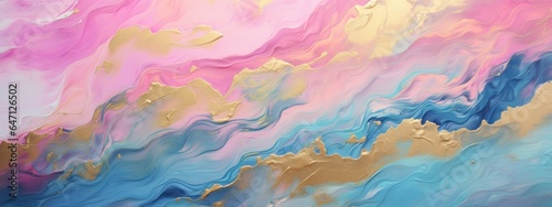 Abstract acrylic oil paint ink painted waves painting texture colorful background banner illustration - Blue pink gold color swirls waves