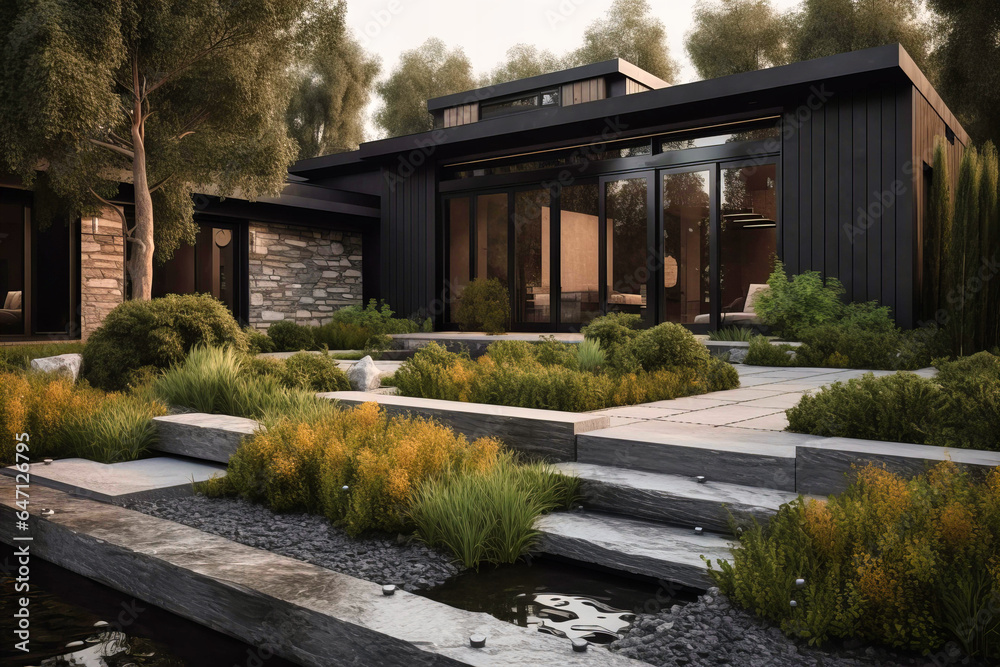 Fototapeta premium Modern Residential Exterior Landscape Design - Stylish Living